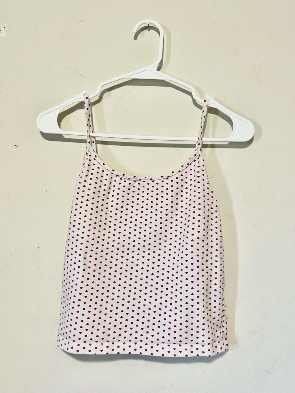 John Galt White Spaghetti-Strap Tank Top with Red Heart Print